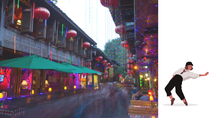 赤い提灯が並ぶ中国の街並み